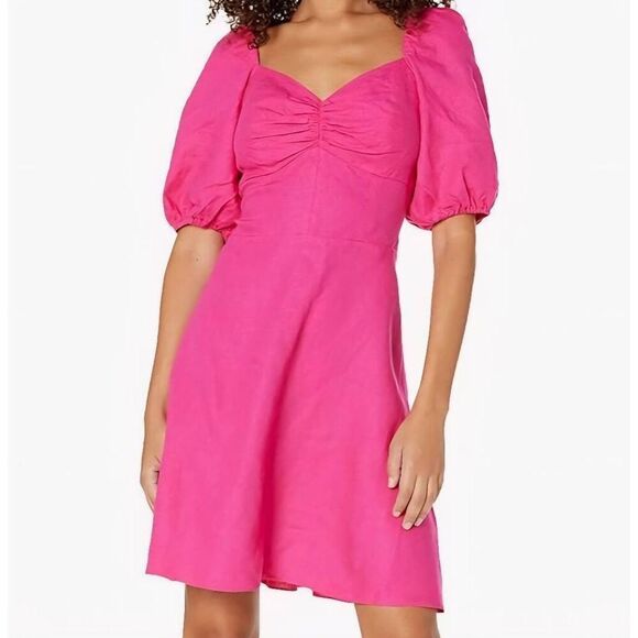 NWT The Drop Dress Women's Small Pink Nala Puff Sleeve Linen Mini Smocked - Picture 1 of 5